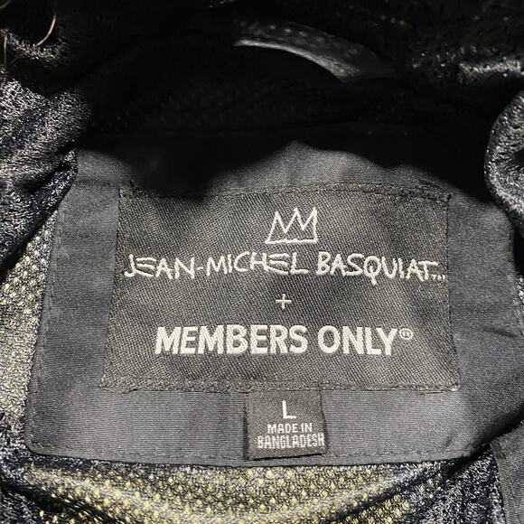 Basquiat Members Only Jacket L Black Hooded Windbreaker Crown Dino Art - Picture 6 of 10